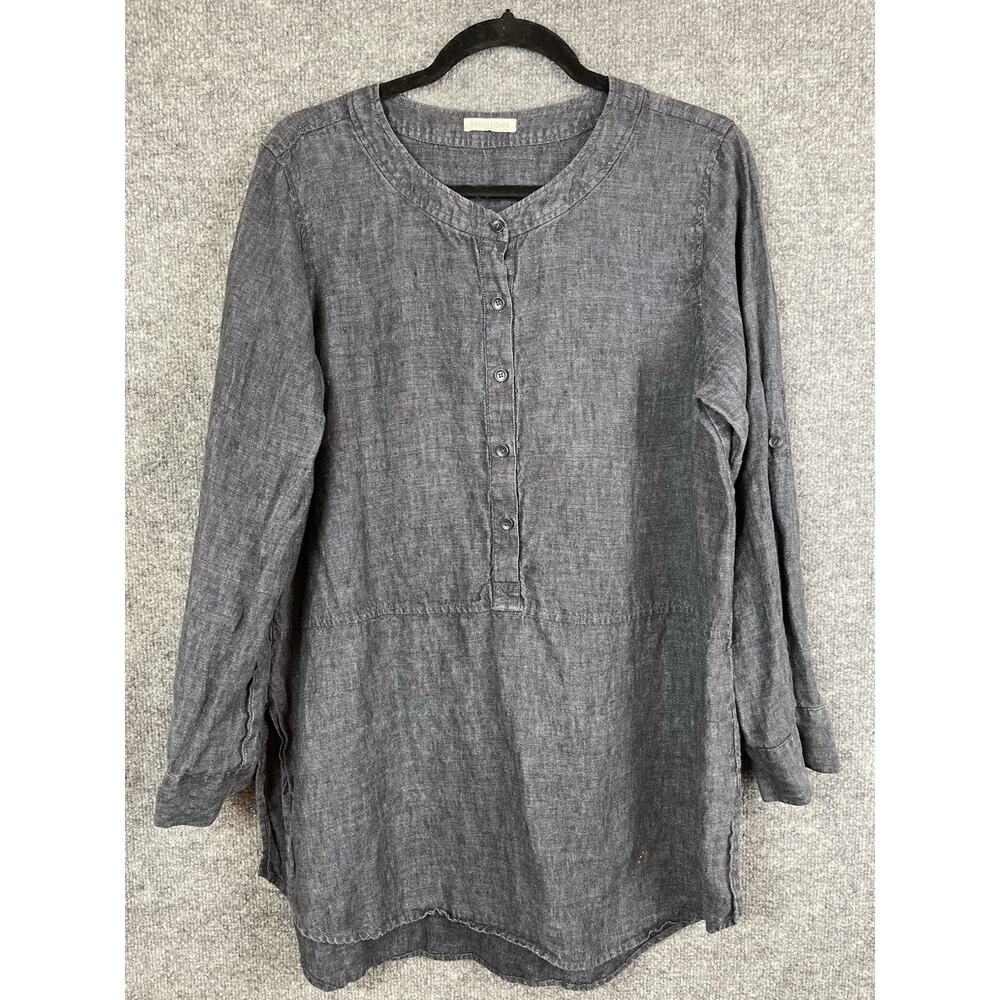 EILEEN FISHER -Tunic M-L 100% Linen Gray Roll Tab Sleeve Button Front Minimalist